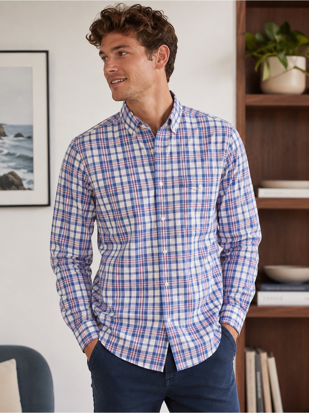 Nordstrom Men’s Blue Pink Plaid Button Down Shirt Medium Non Iron Cotton Preppy